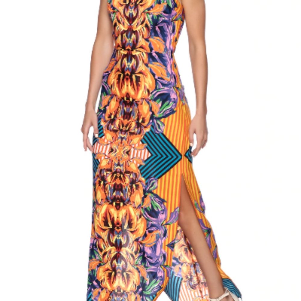 NWT Ark & Co Floral Printed Orange Striped High Slit Bohemian Maxi Dress Sz S